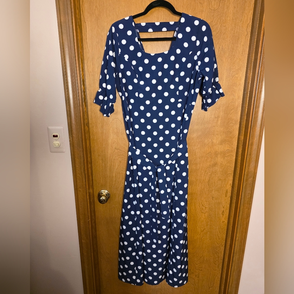 SHEIN Blue and White Polka Dot Midi Dress  w/ Matching Shash Belt
